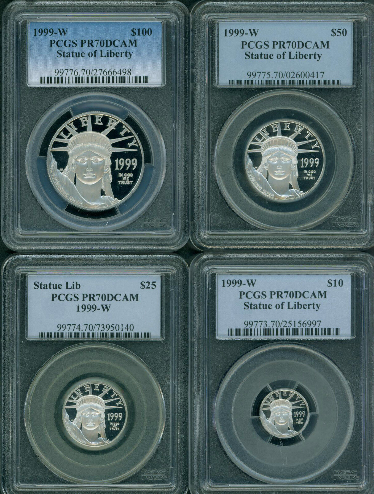 1999-w Proof Platinum Statue Liberty 4-coins Set Pcgs Pr70 Pf70 $100 $50 $25 $10