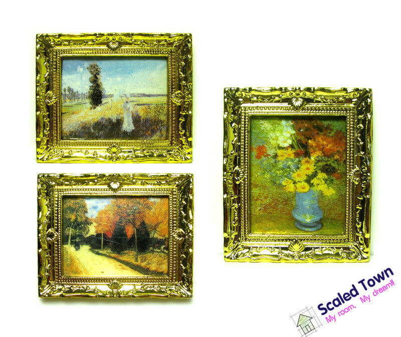 1:12 Dollhouse Miniature Gold Frame Art Wall Picture Oil Painting Home Decor 3pc