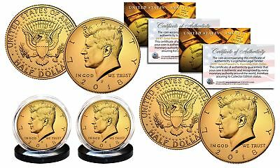 2018 24k Gold Clad Jfk Kennedy Half Dollars 2-coin Set P&d Mint W/coa & Holders