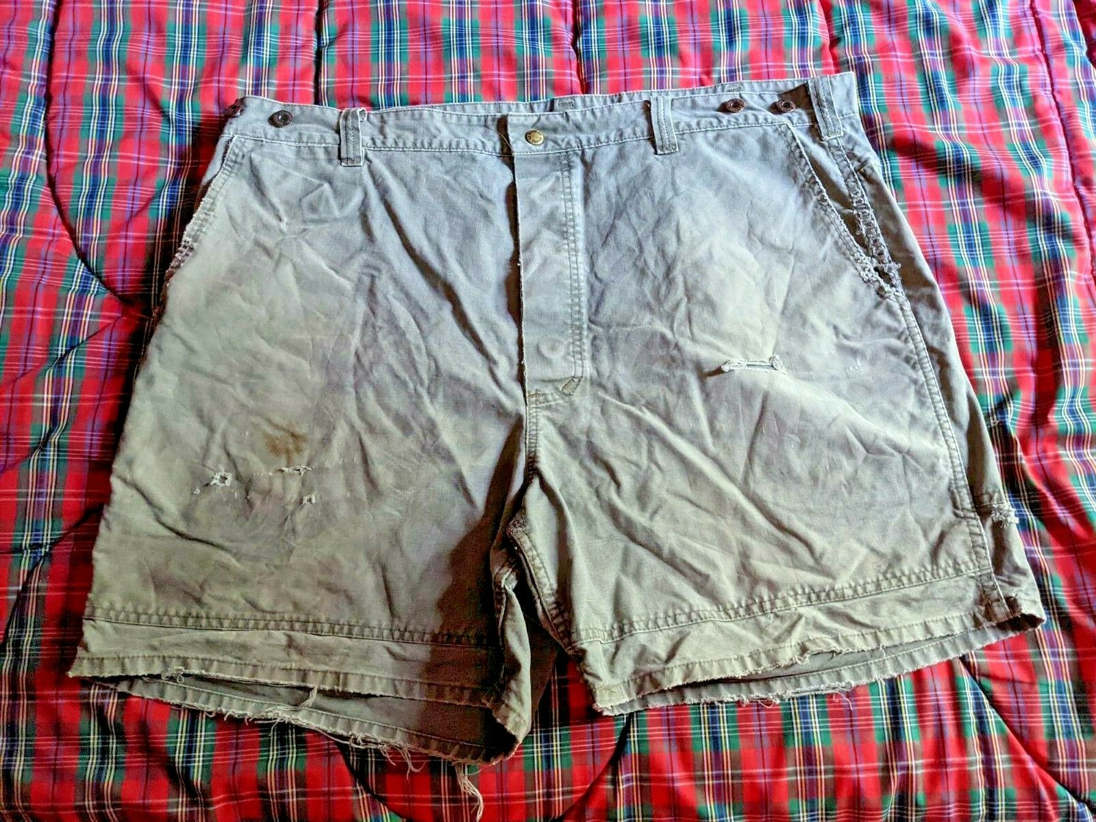 Filson Shorts Thrashed Vtg 576 Button Fly Cotton Patch Holes Waist 46 Distressed