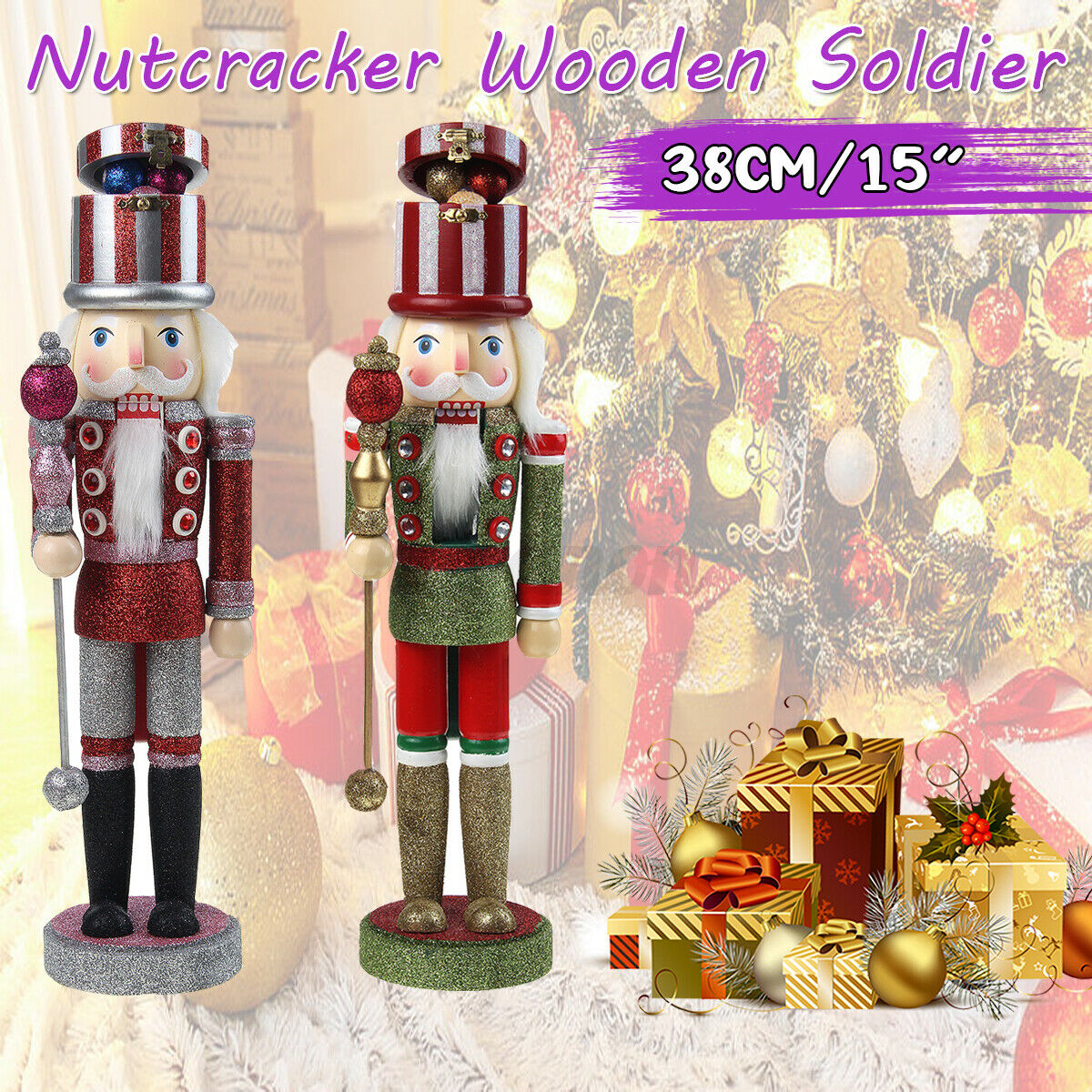 15'' Soldier Nutcracker Gold Glitter Wooden Christmas New Year Doll Puppet
