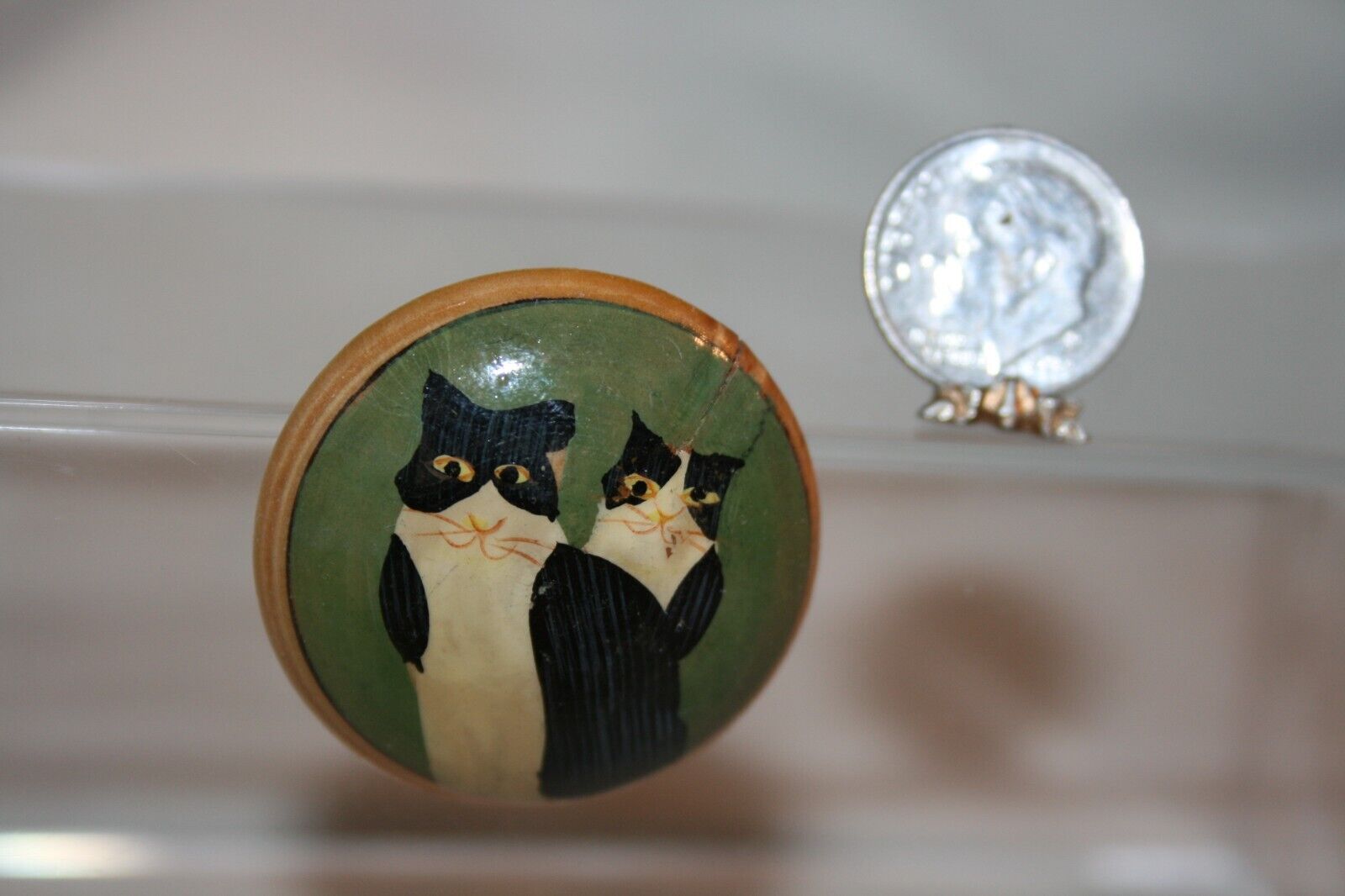 Miniature Dollhouse Folk Art Tuxedo Cat Portrait On Convex Wood 1:12 1:24? Nr