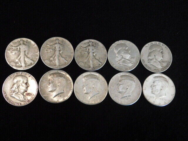 $5 Face Lot Of (10) Walking Liberty,franklin, Kennedy Half Dollars 90% Silver L4