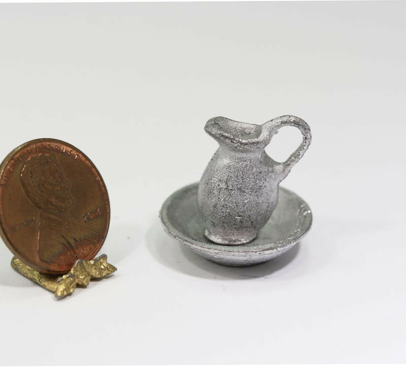 Dollhouse Miniature Rustic Washbowl And Pitcher In Metal