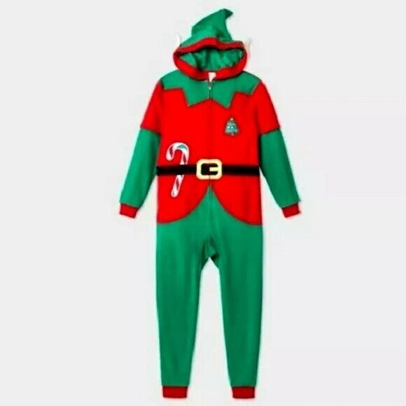 Cat & Jack Christmas Elf One Pc "santa's #1 Helper" Pjs Pajamas Hooded Ears Sz 8