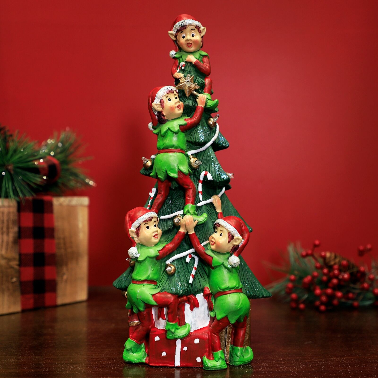 Alpine Corporation Christmas Tree Stacked Elves Statue, Led Multi