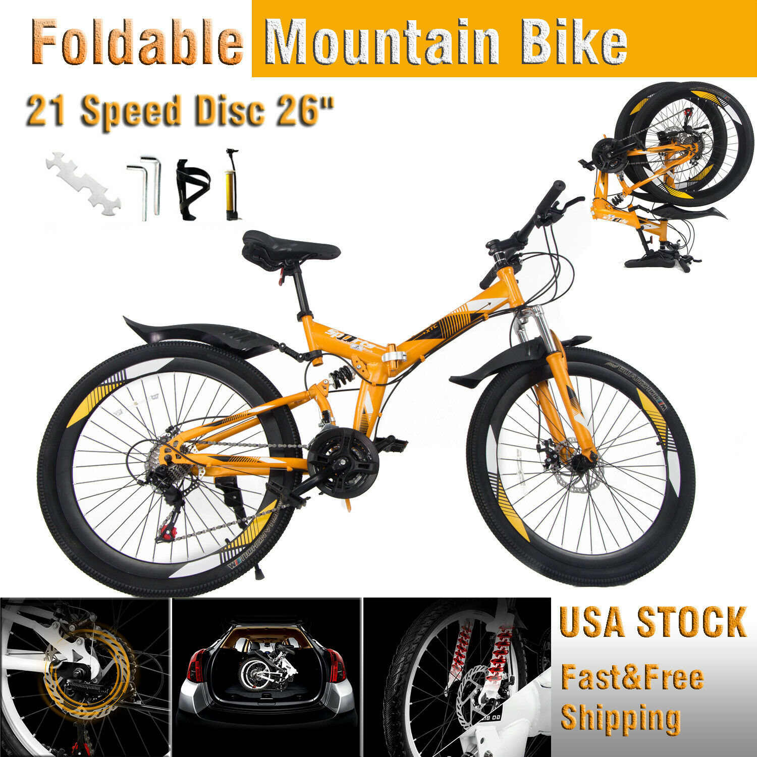 26" Folding Mountain Bike 21speed Full Suspension Mens Mtb Disc Brake Bicycle Us