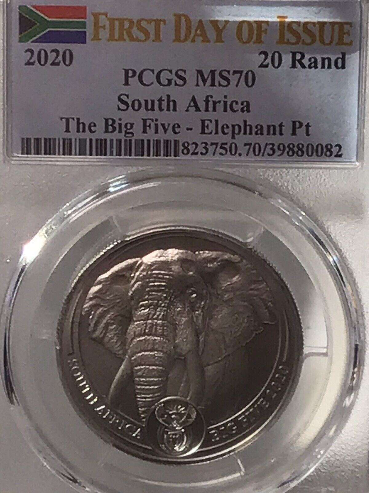 2020 Platinum 20 Rand 1oz Platinum Big Five Elephant 1st Day Of Issue Pcgs Ms70